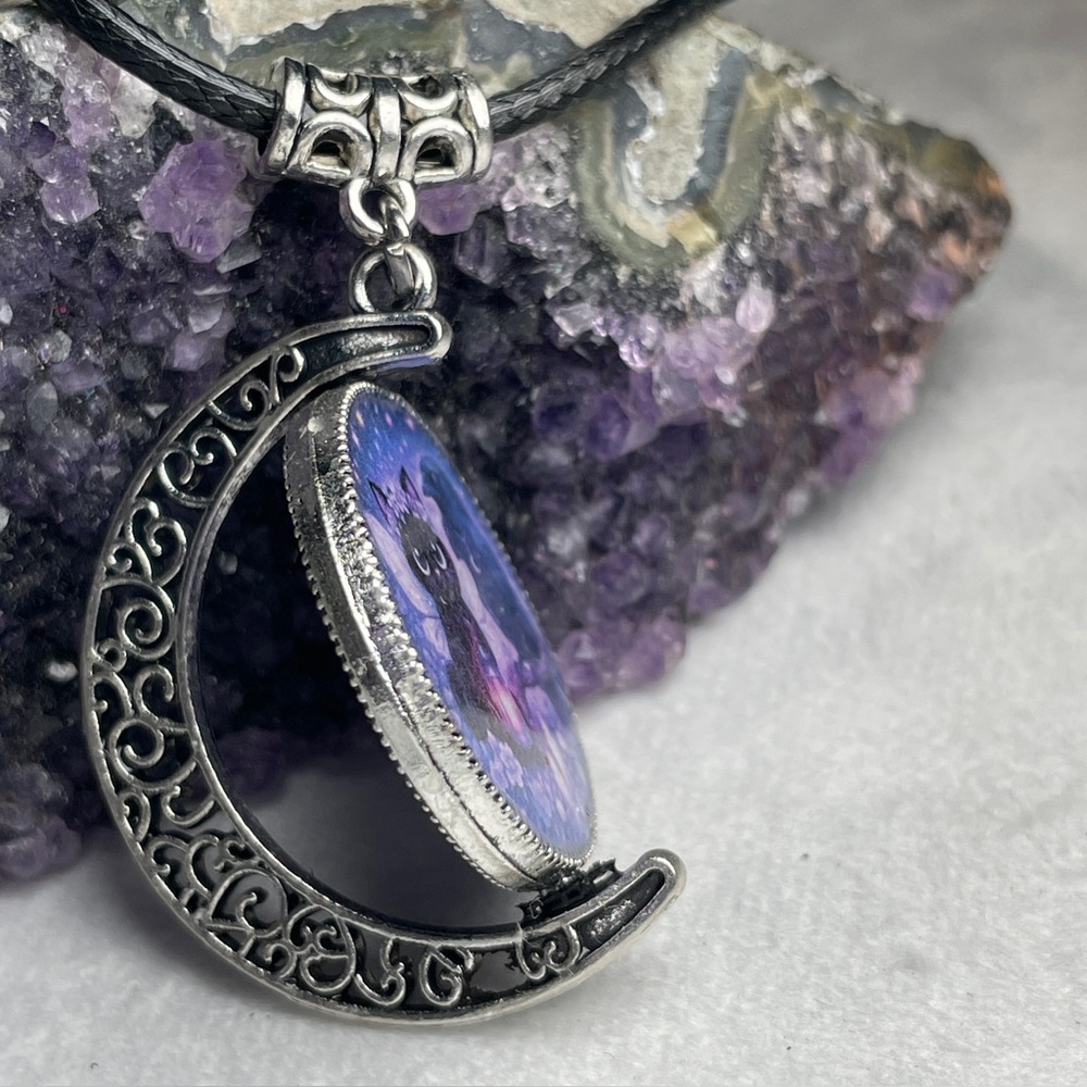 Double Black Cat Double Sided Moon Pendant - Gothic Witchy Jewelry -Artisan - Picture 6 of 16
